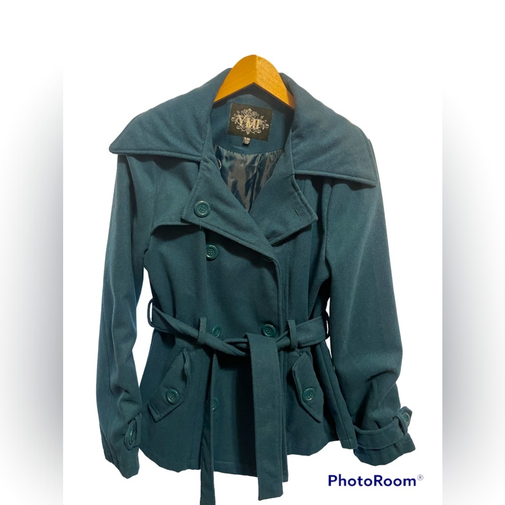Dark teal pea coat with belt
